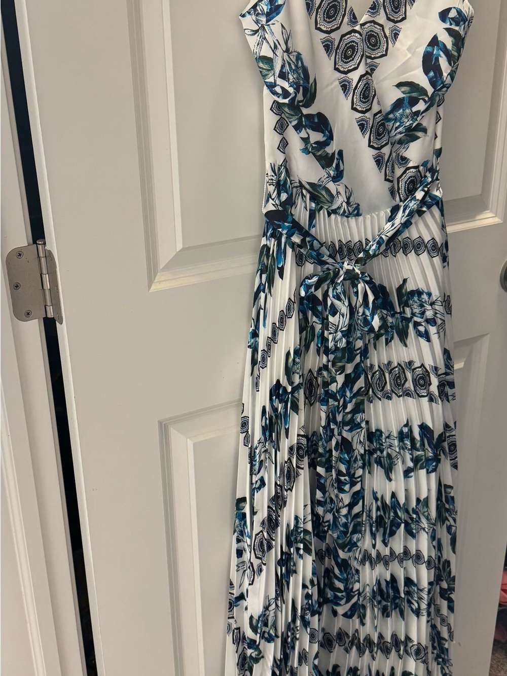 White House Black Market White Maxi Dress with Teal & Navy Floral Print